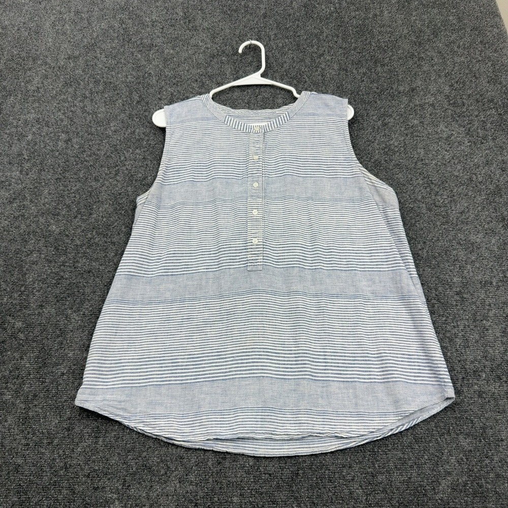 Vineyard Vines Top Women 16 Blue Linen Henley Sleeveless Striped Coastal Casual